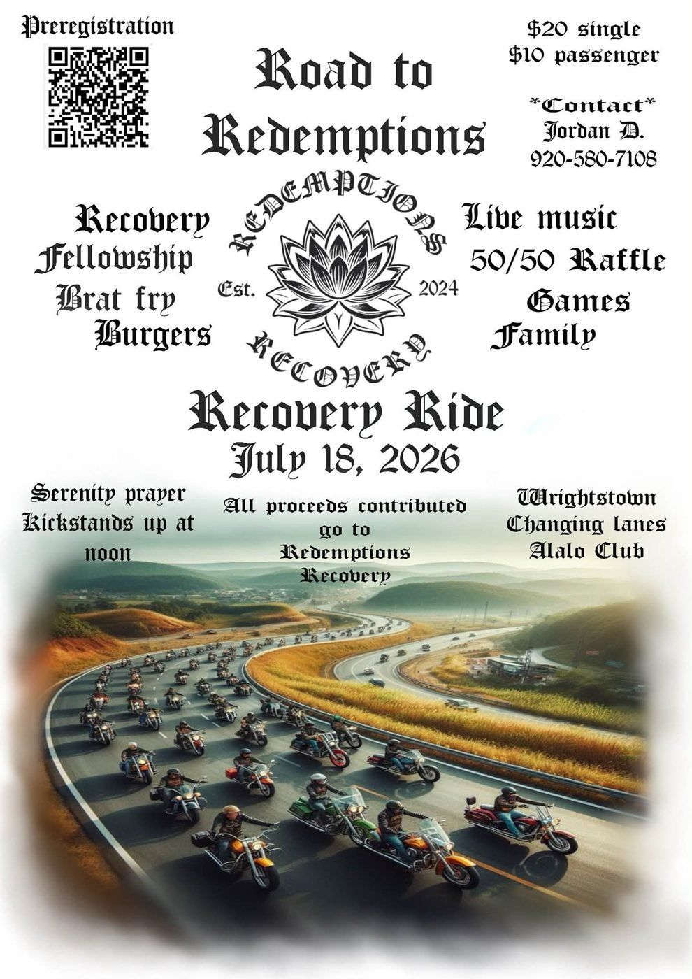 Flyer for the Road to Redemptions Recovery Ride with motorcycles on a highway.